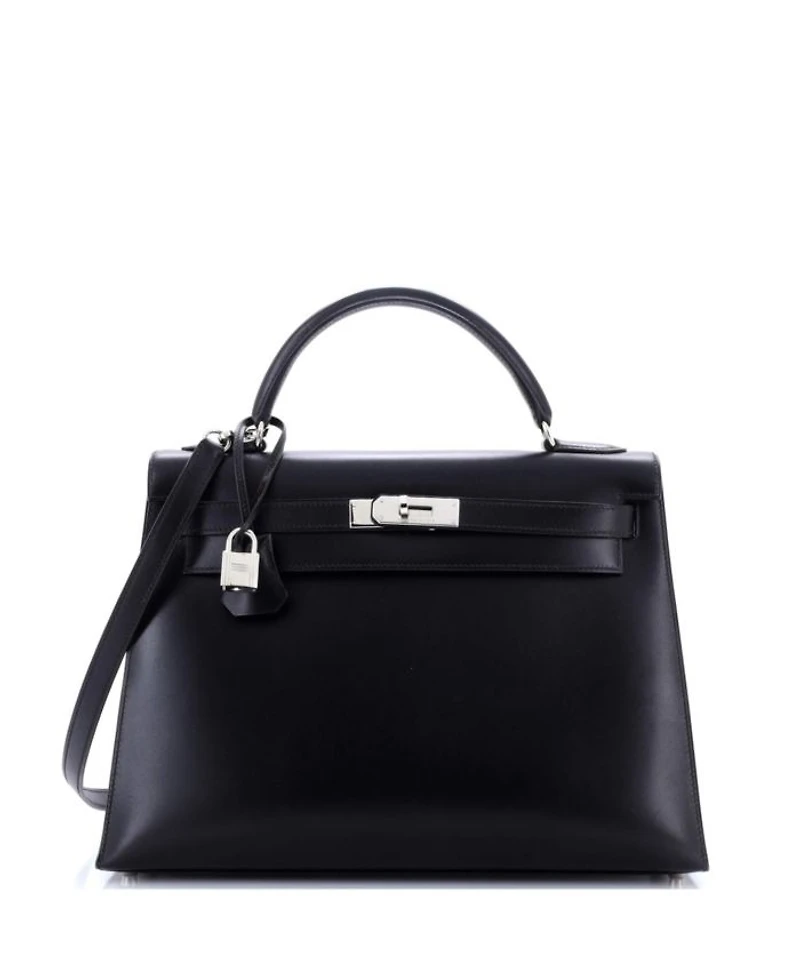 Kelly 32 Handbag Black Box Calf with Palladium Hardware