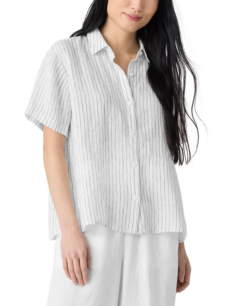 Puckered Linen Striped Short Sleeve Shirt