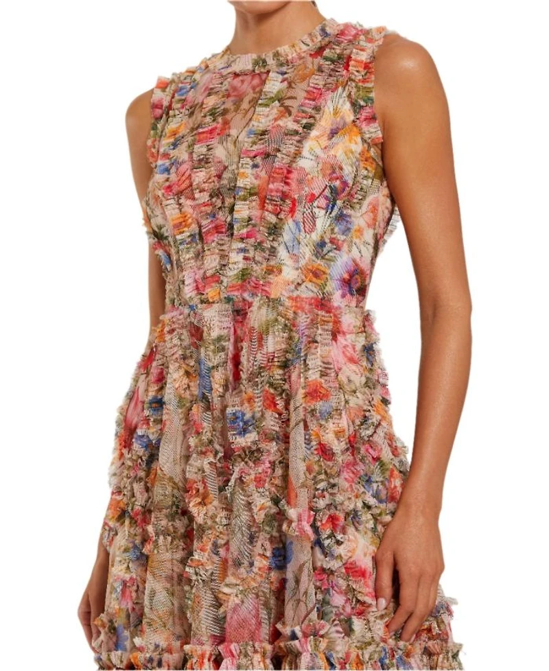 Mesh Micro Ruffle High Neck Mini Dress