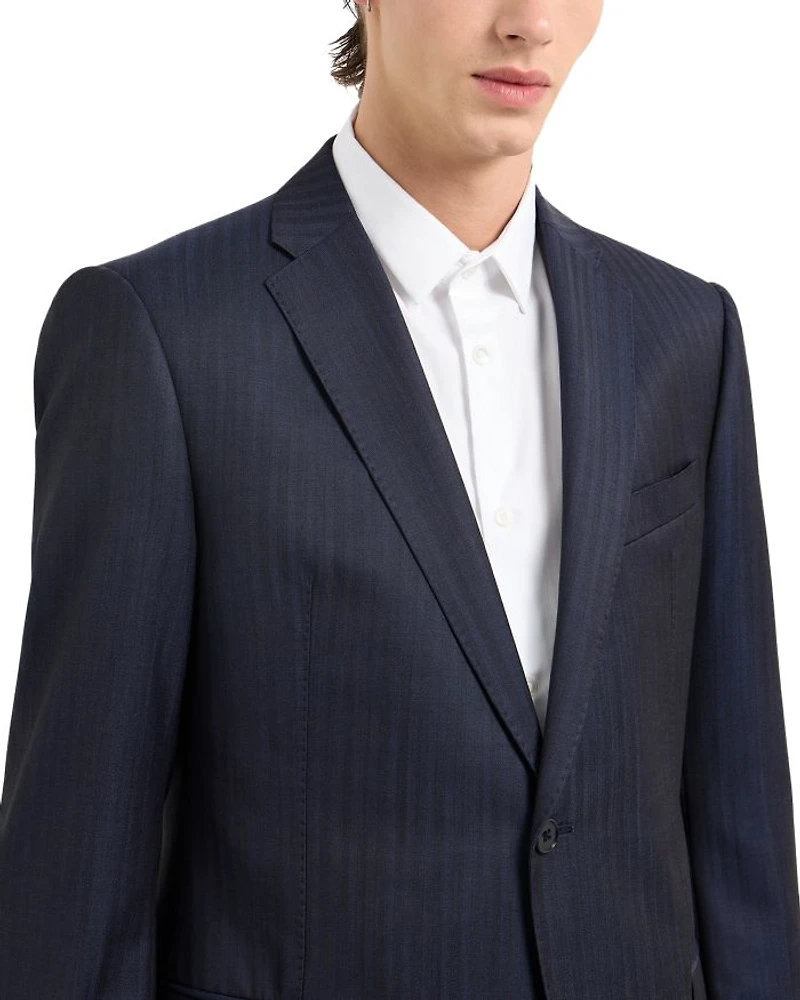 M Line Slim Fit Single Breasted Notch Lapel Suit Herringbone Stripe Wool