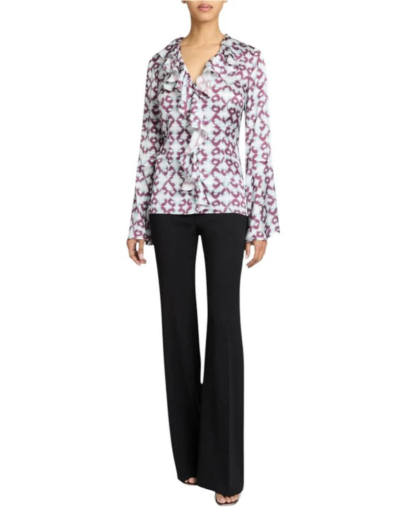 SYDNEY Long Sleeve Button Down Blouse with Ruffles Graphic Printed Charmeuse