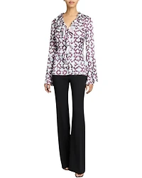 SYDNEY Long Sleeve Button Down Blouse with Ruffles Graphic Printed Charmeuse