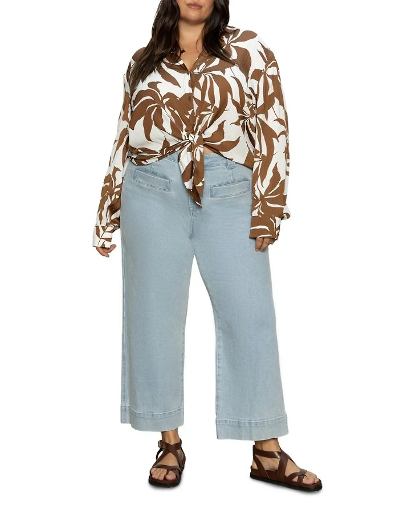 Plus Lover Tie Long Sleeved Printed Blouse