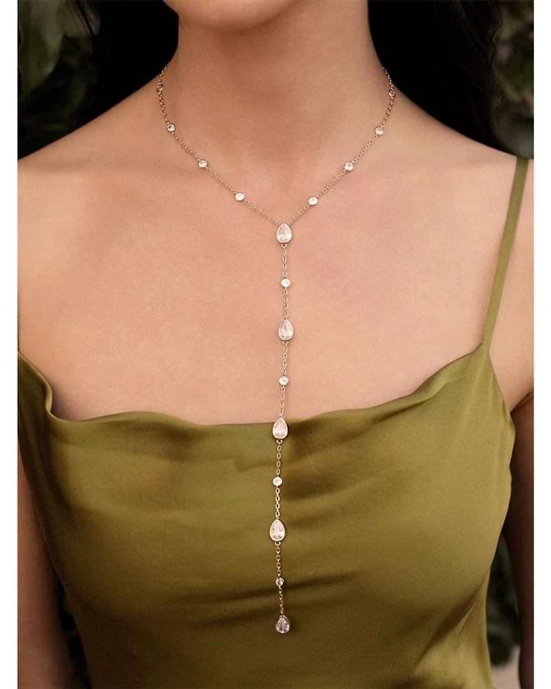 Mixed Cubic Zirconia Lariat Necklace 18K Gold Plated, 15"-18"