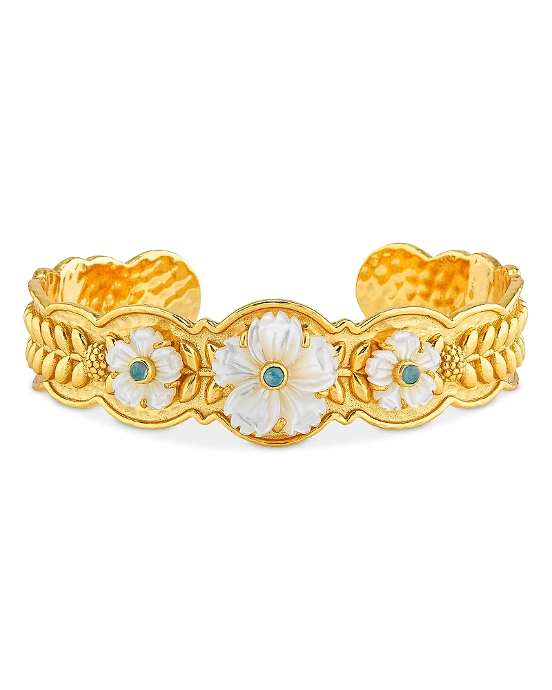 Capucine De Wulf Villandry Dyed Jade & Mother Of Pearl Fleur Scalloped Cuff Bracelet