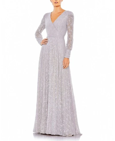 Beaded Lace Long Sleeve Wrap Over Gown