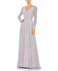 Beaded Lace Long Sleeve Wrap Over Gown
