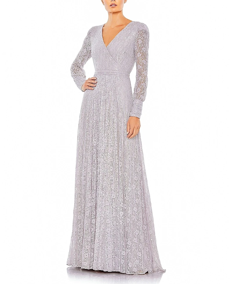 Mac Duggal Beaded Lace Long Sleeve Wrap Over Gown