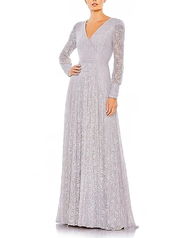 Mac Duggal Beaded Lace Long Sleeve Wrap Over Gown