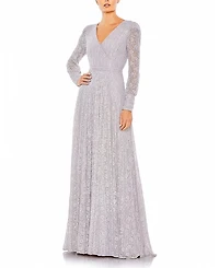 Mac Duggal Beaded Lace Long Sleeve Wrap Over Gown
