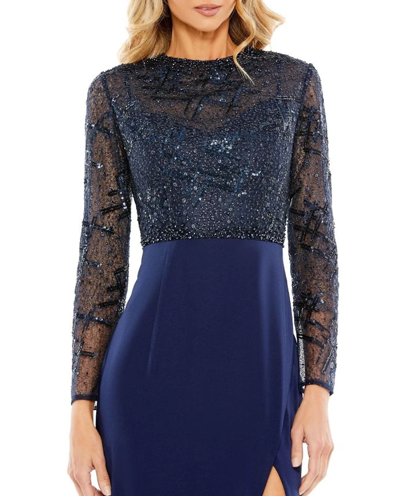 Embellished High Neck Bodice Faux Wrap Gown