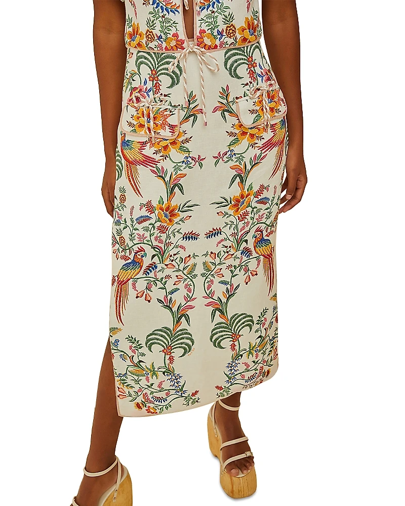 Farm Rio Delicate Forest Off White Linen Midi Skirt