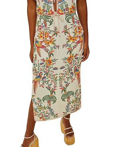 Farm Rio Delicate Forest Off White Linen Midi Skirt