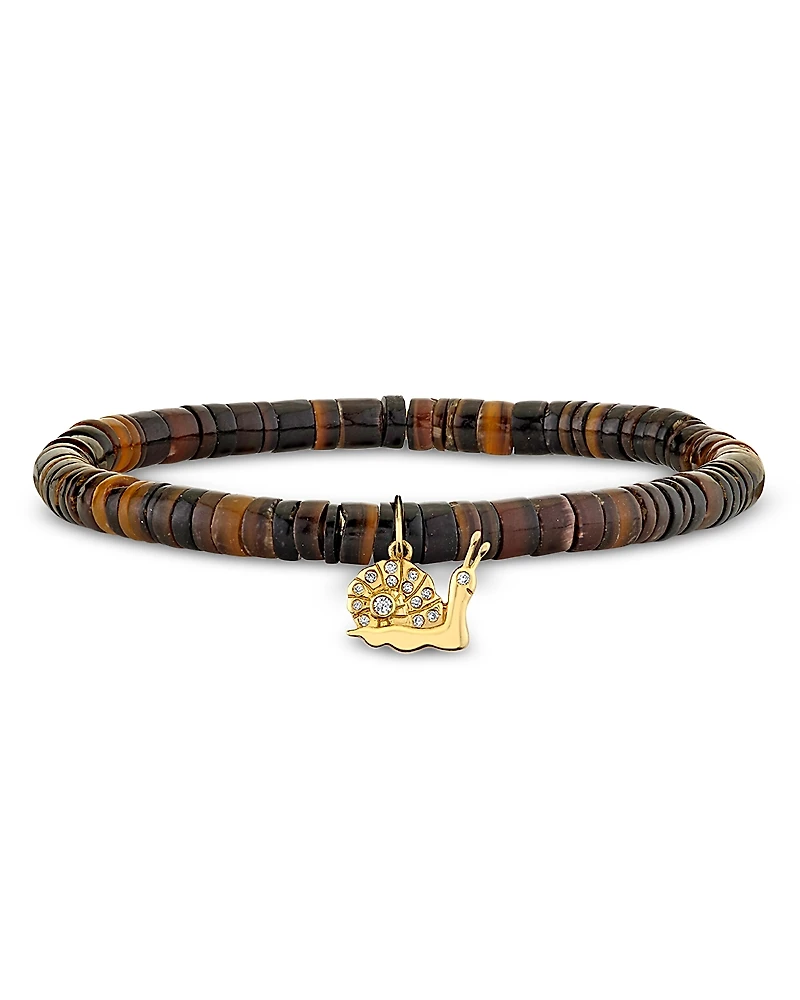 Sydney Evan 14K Yellow Gold Dark Brown Heishi & Diamond Snail Charm Beaded Stretch Bracelet