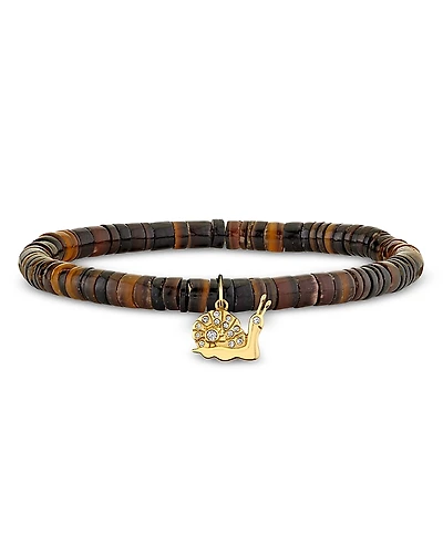 Sydney Evan 14K Yellow Gold Dark Brown Heishi & Diamond Snail Charm Beaded Stretch Bracelet