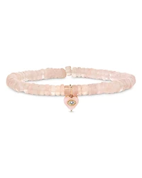 Sydney Evan 14K Yellow Gold Pink Opal & Diamond Evil Eye Heart Charm Beaded Stretch Bracelet