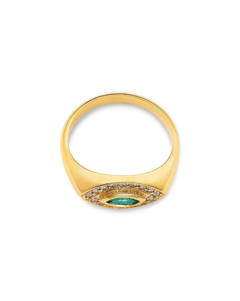 14K Yellow Gold Emerald Gemstones Emerald & Diamond Evil Eye Ring