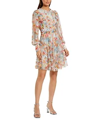 Mac Duggal Floral Mesh Ruffle High Neck Mini Dress