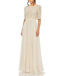 Mac Duggal Beaded 3/4 Sleeve Chiffon Gown