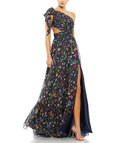 Mac Duggal Tied One Shoulder Cut-Out Flowy Gown
