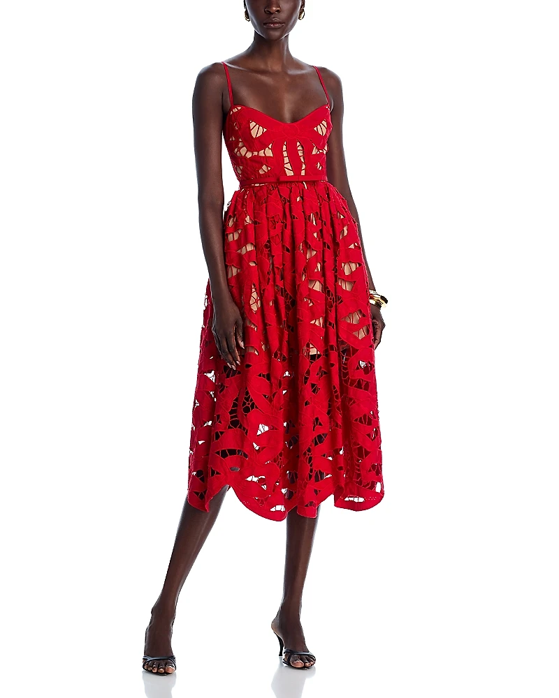 Self-Portrait Red Bow Embroidered Midi Dress
