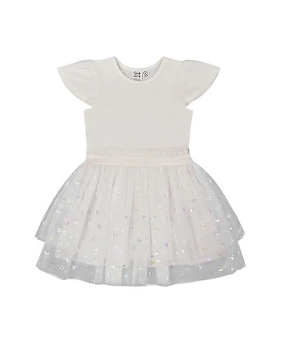 Deux par Deux Girls' Bi-Material Dress with Glitter Hearts Skirt- Little Kid
