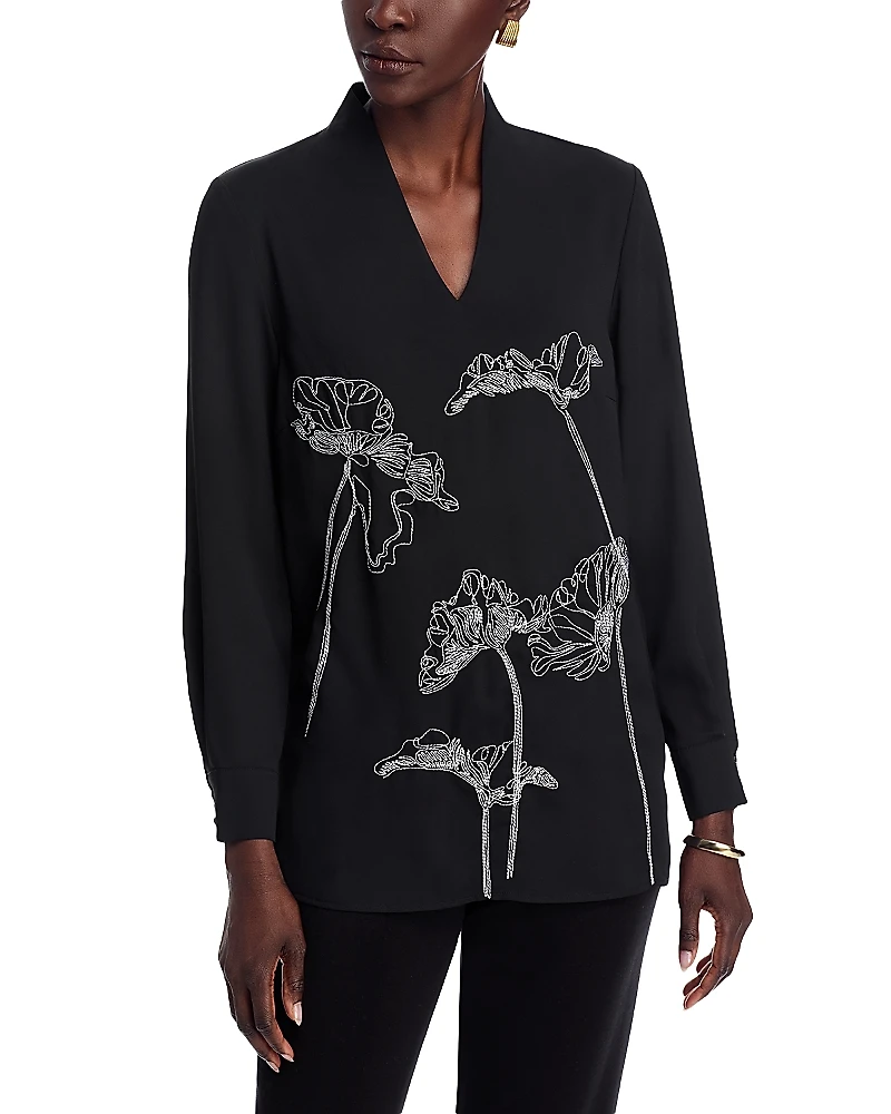 Misook Embroidered V Neck Blouse