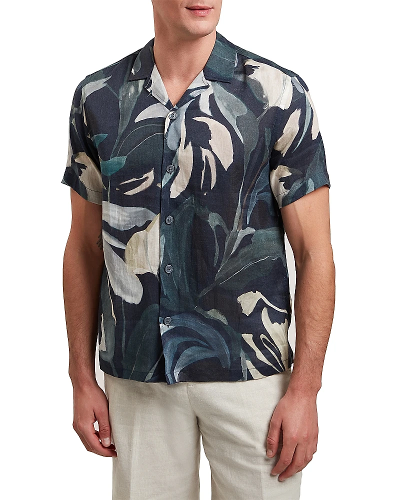 Ted Baker Rognski Tropical Floral Linen Short Sleeve Relaxed Fit Button Down Shirt
