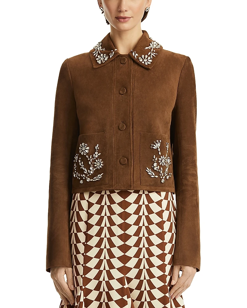 Oscar de la Renta Rhinestone Trim Suede Jacket