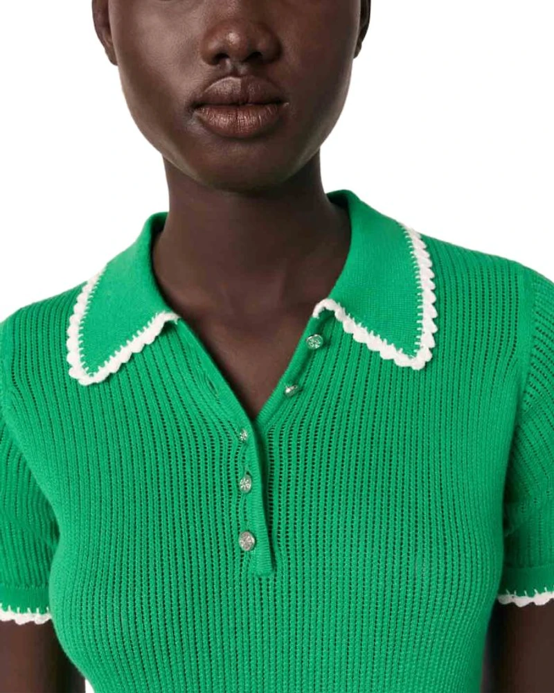 Pointelle Knit Crochet Polo Shirt