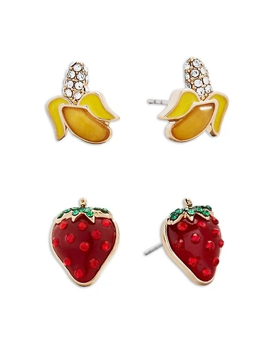 Fruit For Thought Pavé Banana & Strawberry Stud Earrings in Gold Tone, Set of 2