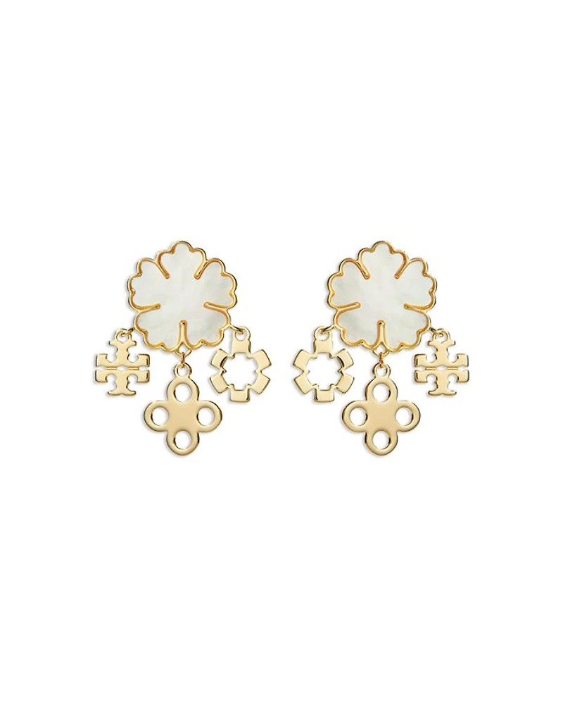 Mother Of Pearl Clover Cluster Drop Earrings in Gold Tone