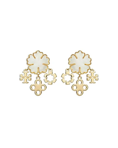Mother Of Pearl Clover Cluster Drop Earrings in Gold Tone