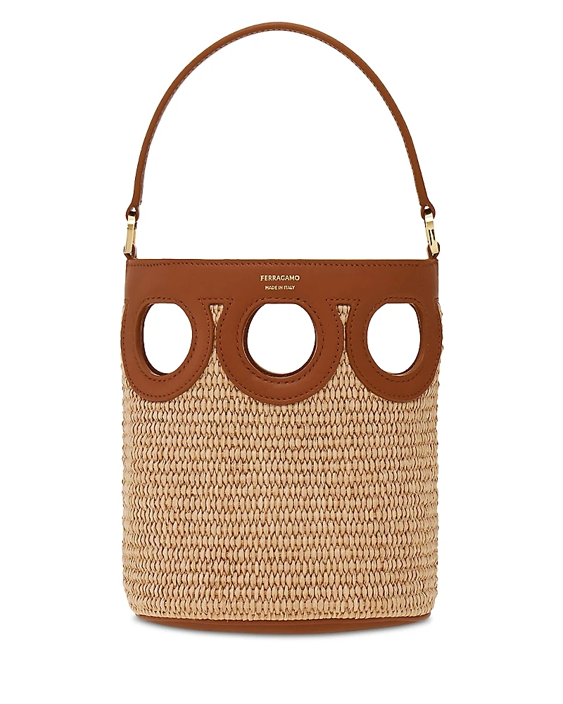 Ferragamo Gancini Frame Raffia Bucket Bag
