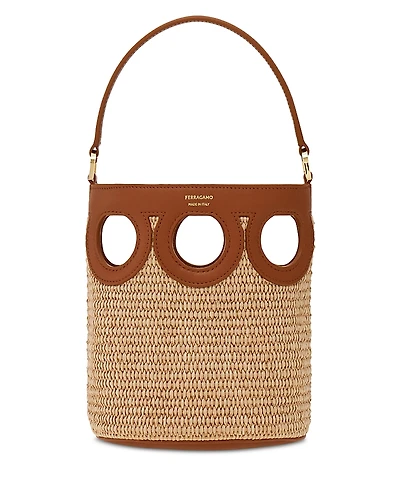 Ferragamo Gancini Frame Raffia Bucket Bag