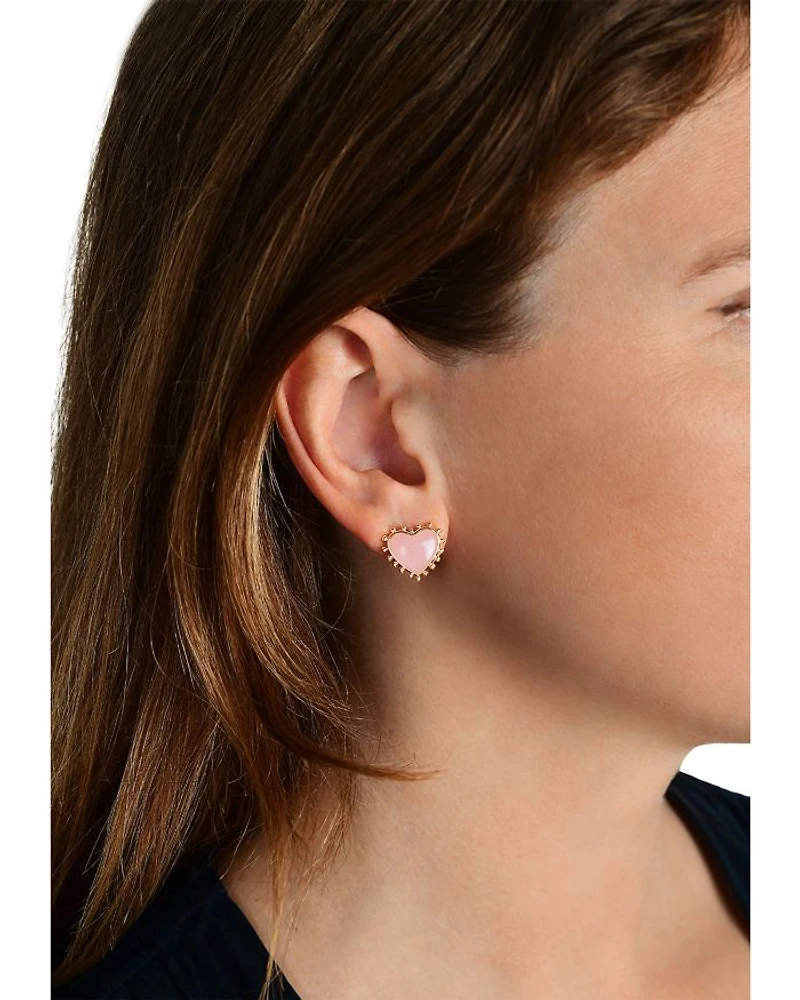Heart Stone & 18K Yellow Gold Plated Stud Earrings, 0.5"L