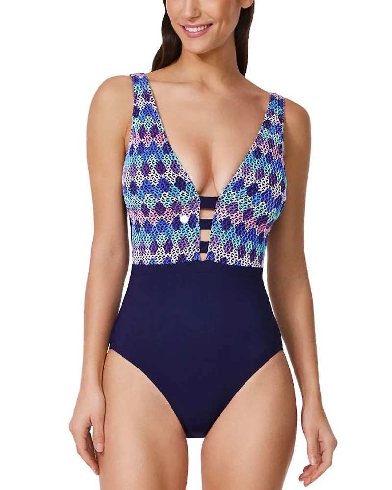 Retro Riviera Deep V Neck Halter One Piece Swimsuit