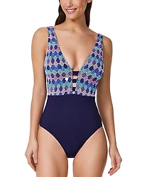 Profile by Gottex Retro Riviera Deep V Neck Halter One Piece Swimsuit