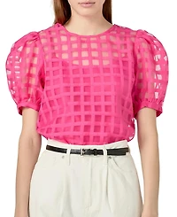 English Factory Women's Plaid Sheer Puff Sleeve Top