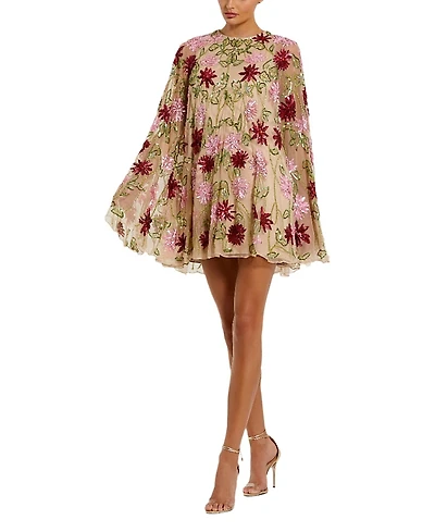 Mac Duggal Floral Beaded Mesh Shawl Mini Dress