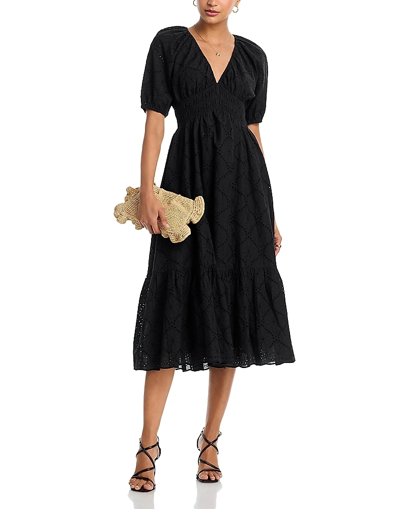 Aqua Eyelet V Neck Midi Dress - Exclusive