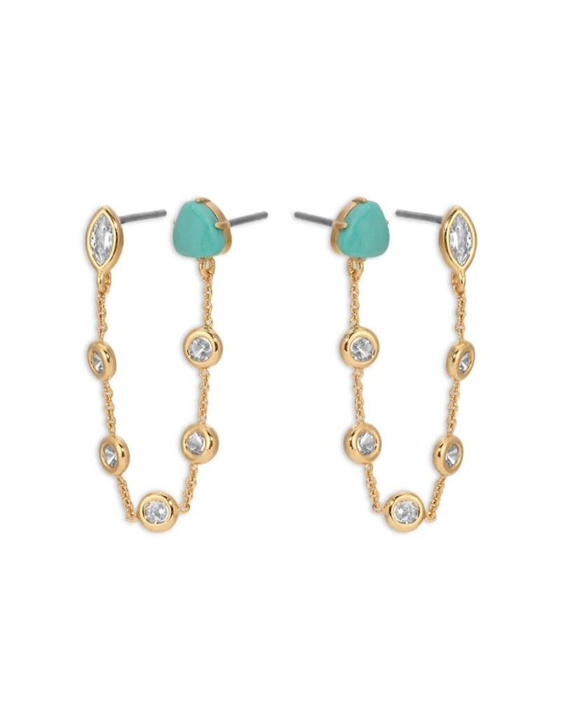 Turquoise & Cubic Zirconia Chain Connected Double Stud Earrings
