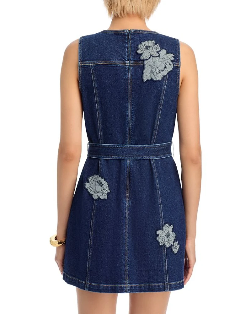 Marsha Floral Appliqué Mini Denim Dress