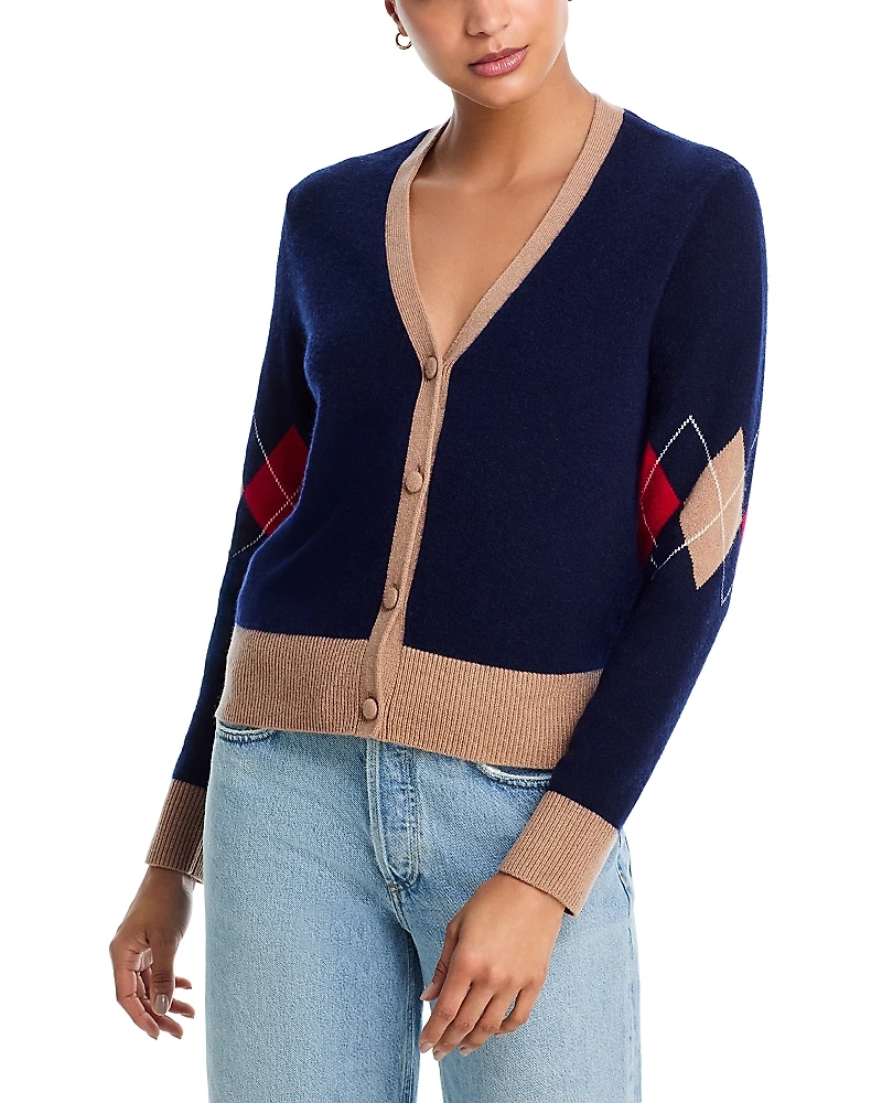 Aqua 100% Cashmere Argyle Cardigan - Exclusive