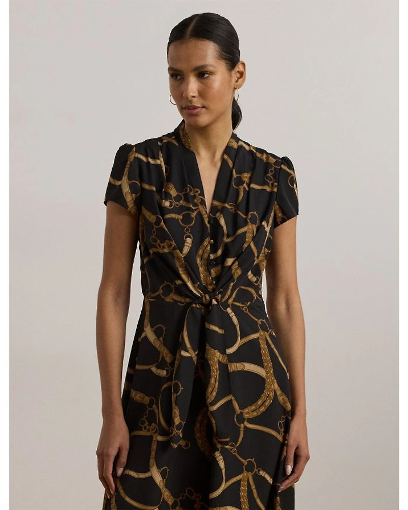 Belting Print Crepe Tie Front Dress