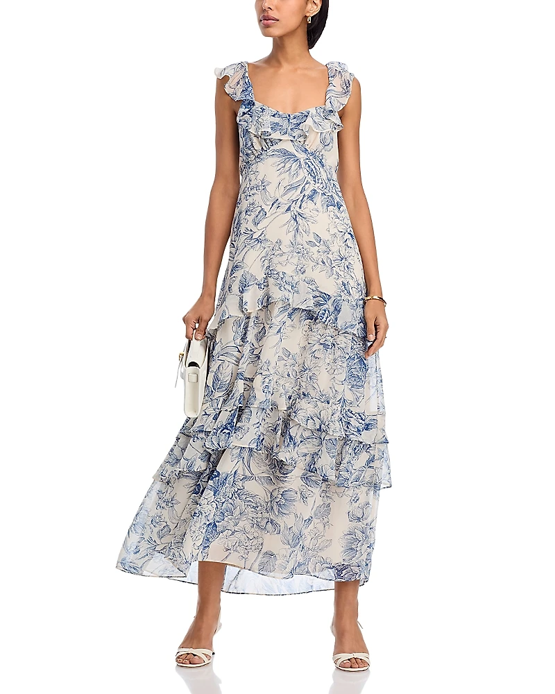 Aqua Floral Toile Ruffle Midi Dress - Exclusive