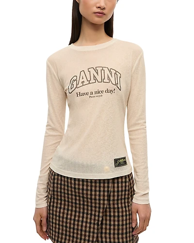 Ganni Printed Marled Mesh Long Sleeve Top