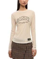 Ganni Printed Marled Mesh Long Sleeve Top