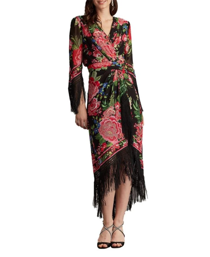 Mair Floral Print Tassel Fringe Wrap Dress