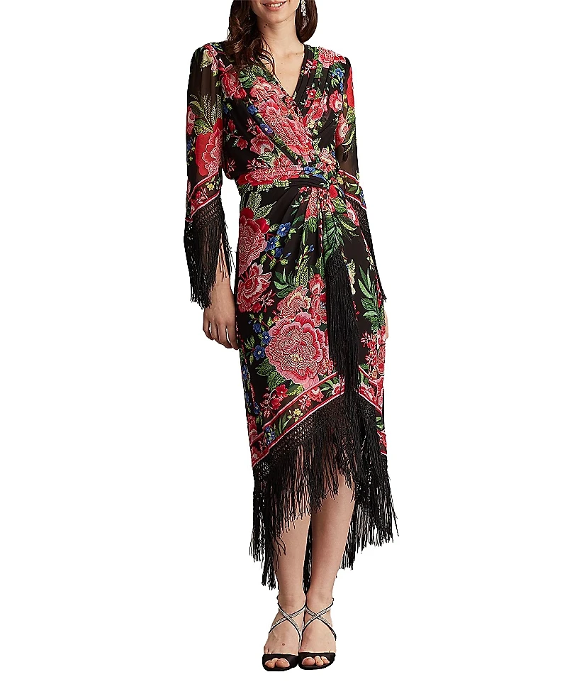 Tadashi Shoji Mair Floral Print Tassel Fringe Wrap Dress